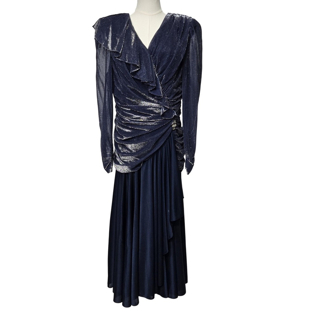 Vintage Filigree LTD Dress Womens Medium Blue Metallic Wrap Ruched Long Gown 80s